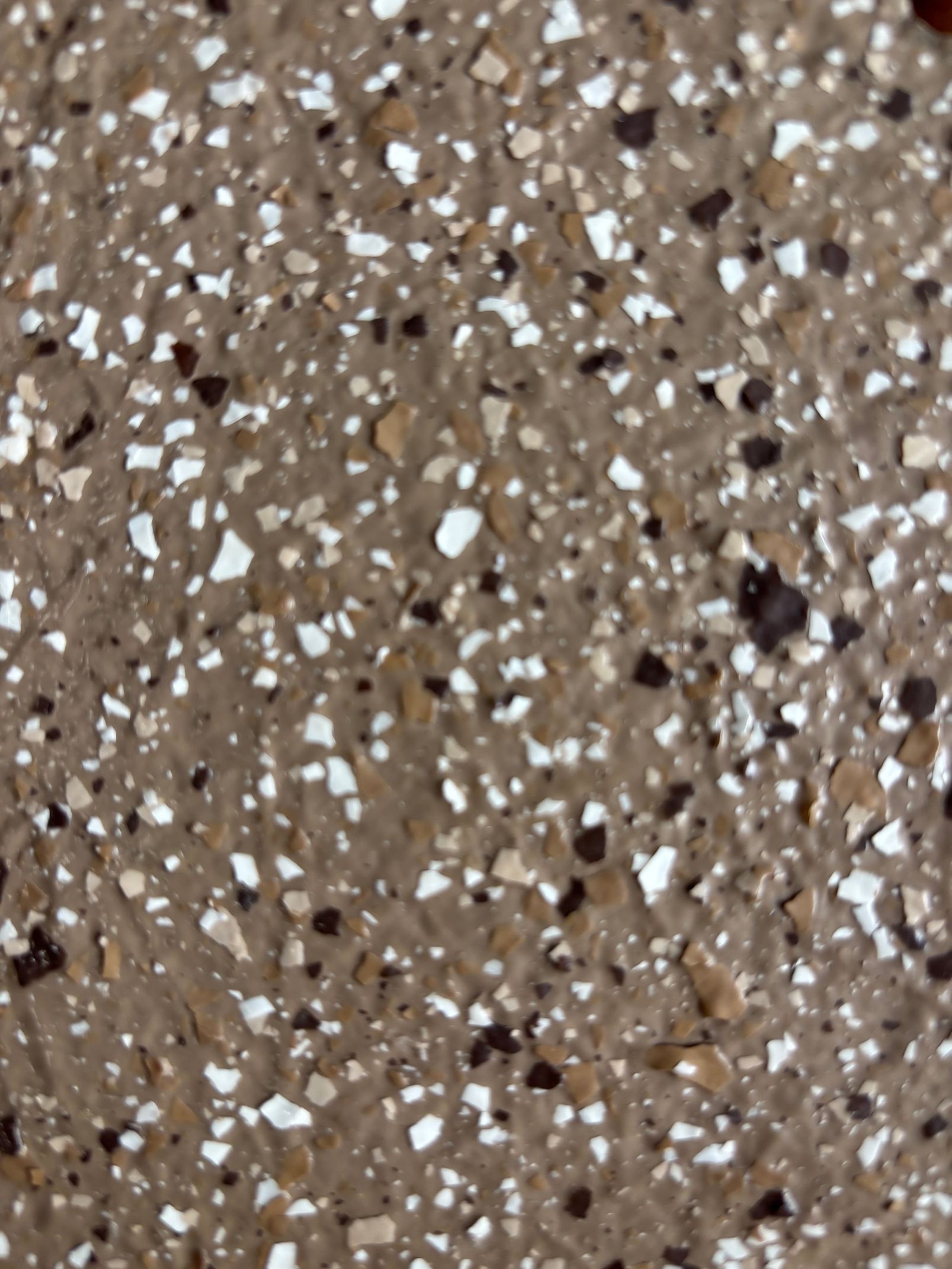 Surface brune mouchetée de fragments blancs, beiges et brun foncé.