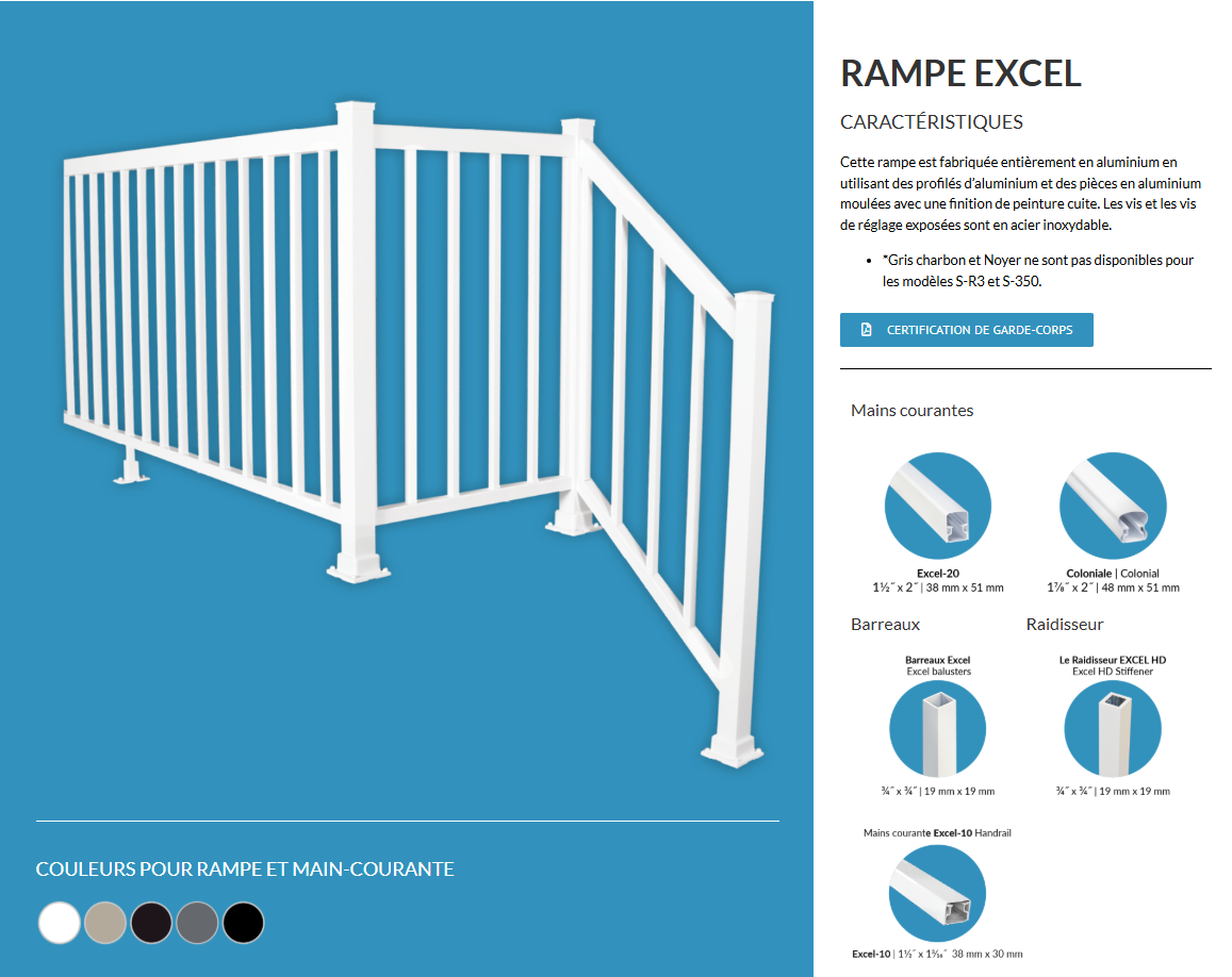 Rambarde de rampe Excel blanche avec poteaux verticaux sur fond bleu.