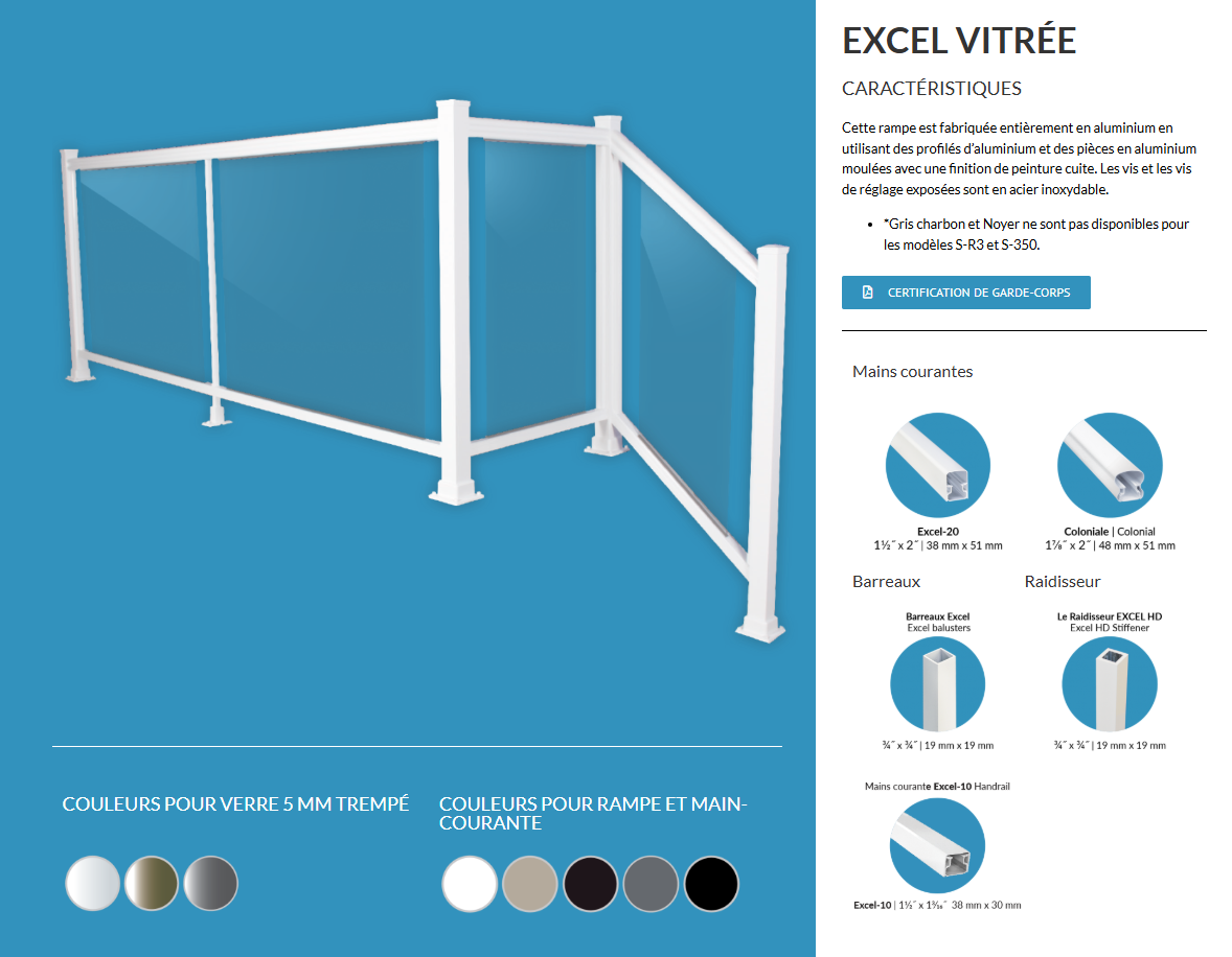 Garde-corps en aluminium blanc avec panneaux de verre ; options de produits et échantillons de couleurs présentés.