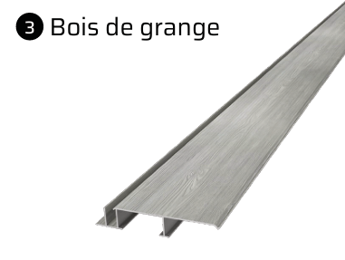 Échantillon de revêtement de sol imitation bois gris, avec étiquette « Bois de grange ».