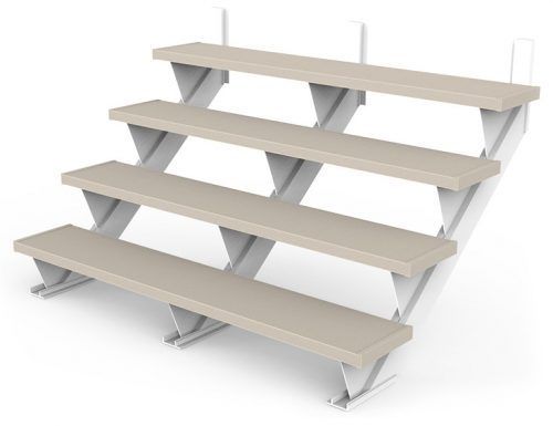 Escalier de terrasse en composite beige à quatre marches avec supports blancs.