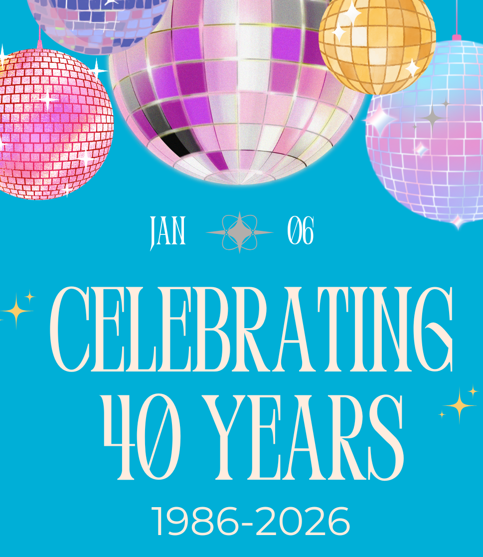 Image of celebratory disco balls for January anniversary of 40 years.