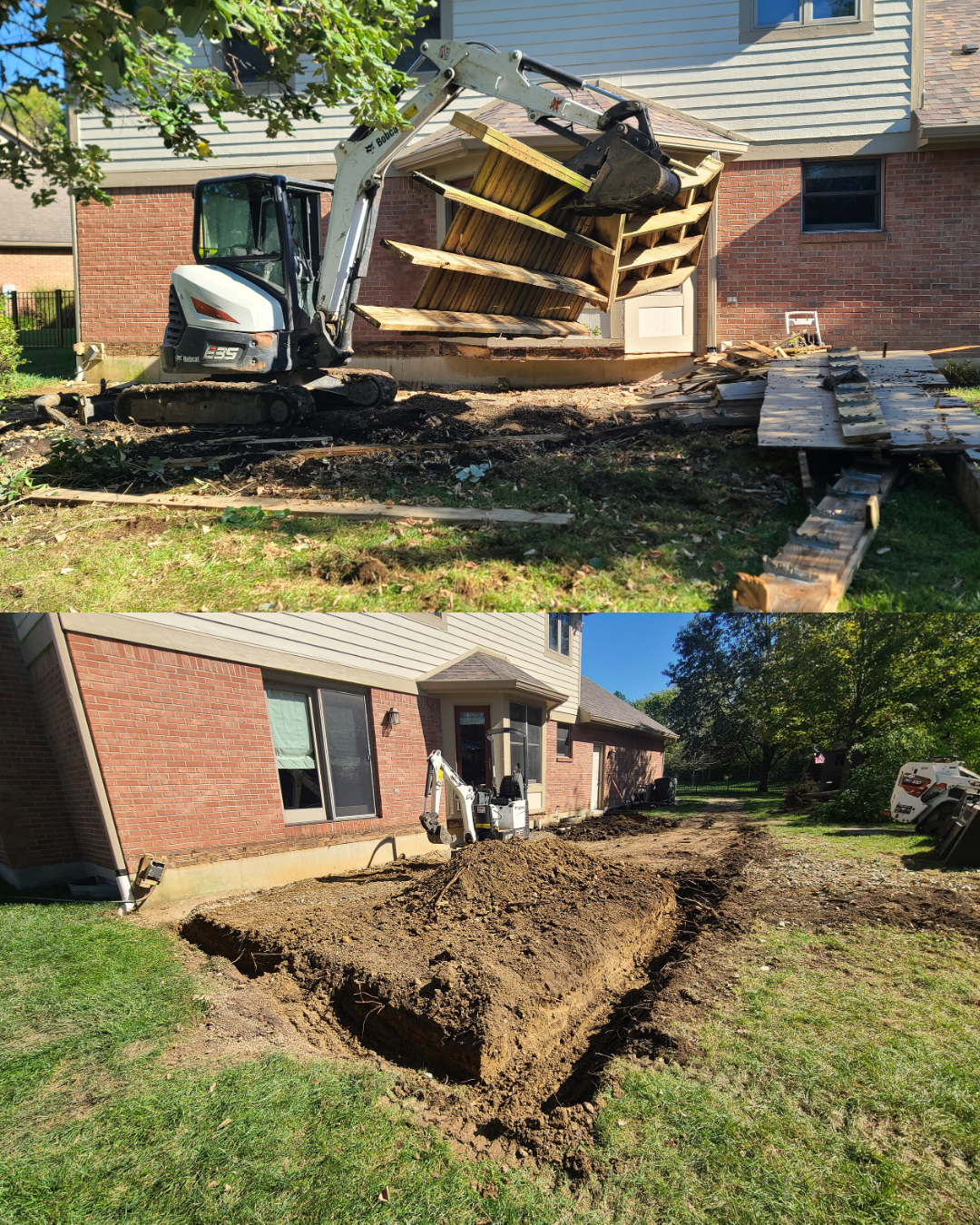 Damaged house exterior with collapsed porch and deep trench in the lawn, viewed from two angles.