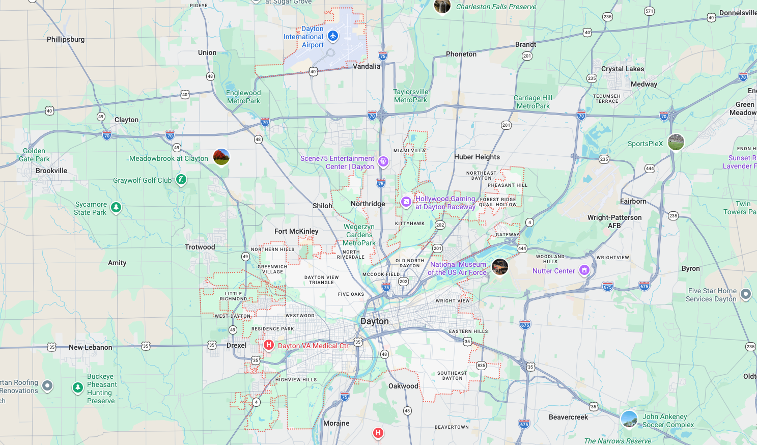 Pastel-colored city map with roads, neighborhoods, and route markers centered on downtown.