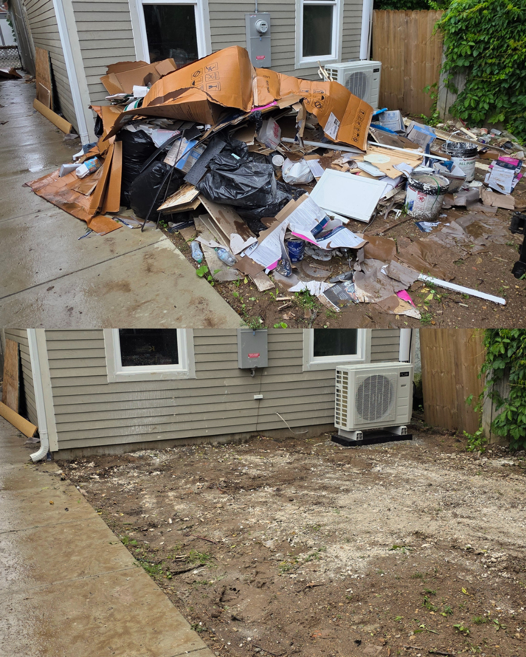 Pile of debris and broken materials in a residential driveway beside a house and retaining wall