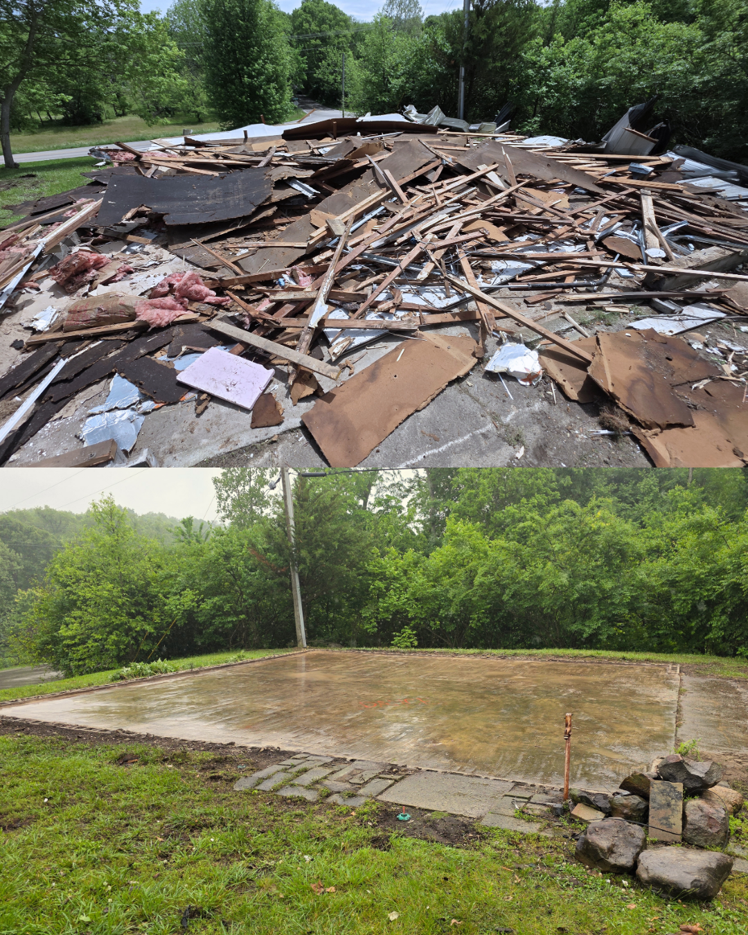 Collapsed house debris and cleared concrete foundation in a wooded area, shown in two stacked views.