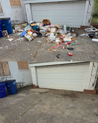 Messy garage driveway with scattered trash and debris before, cleaned up after