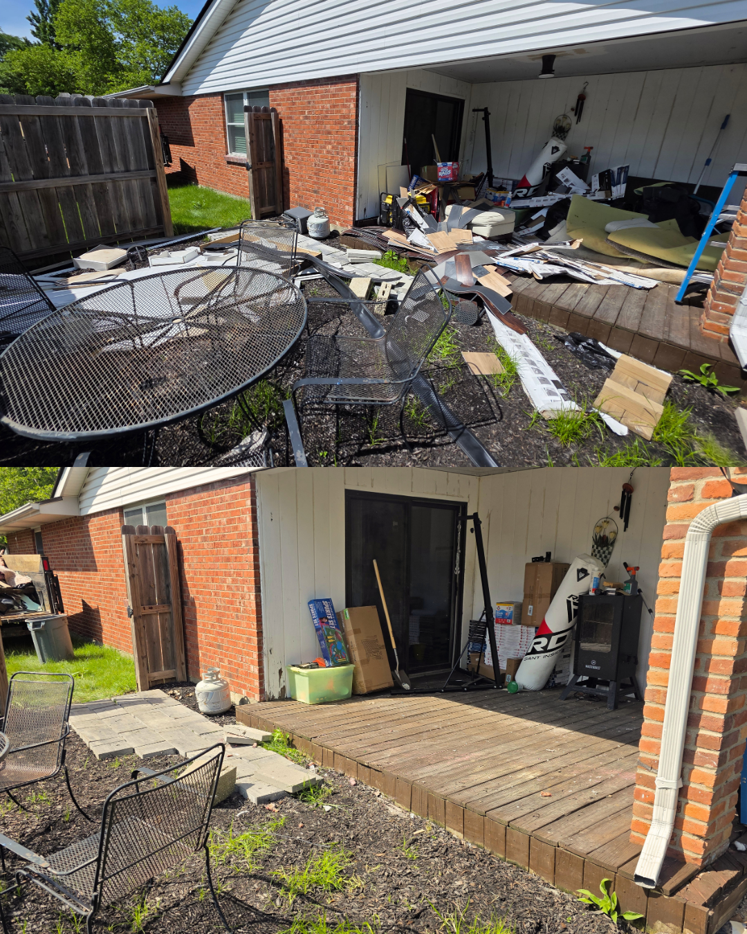 Backyard patio cluttered with broken furniture and debris beside a brick house and open garage