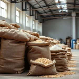 Stacks of burlap grain sacks in a bright warehouse, with spilled grain on the floor.