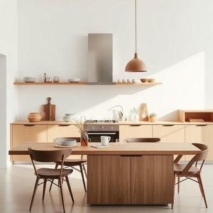 Minimalist modern kitchen with wood island, floating shelves, and copper pendant light in soft sunlight