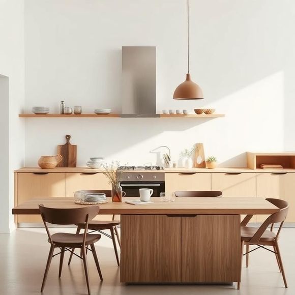 Minimalist modern kitchen with wood island, floating shelves, and copper pendant light in soft sunlight