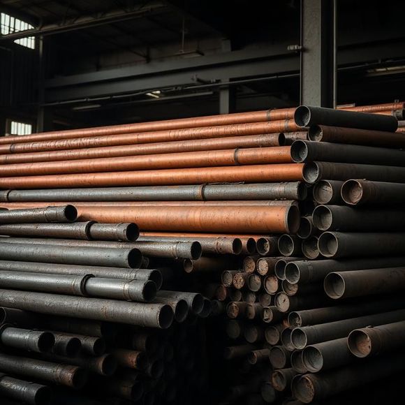 Stacked copper and steel pipes stored in an industrial warehouse