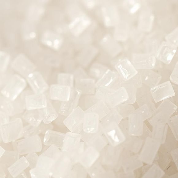 Close-up of translucent white sugar crystals piled together