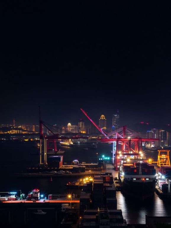 Night harbor skyline with lit cranes, bridge, and city lights reflected on dark water