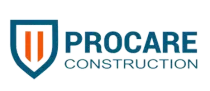 Procare Construction logo with teal shield and orange bars on white background