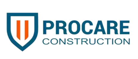 Procare Construction logo with teal shield and orange bars on white background