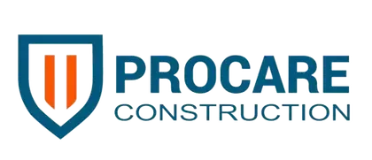 Procare Construction logo with blue shield and orange bars on white background