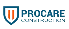 Procare Construction logo with blue shield and orange bars on white background