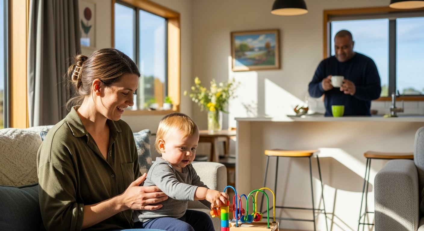Parent and toddler play with a colorful bead maze in a sunlit living room while another adult stands nearby.