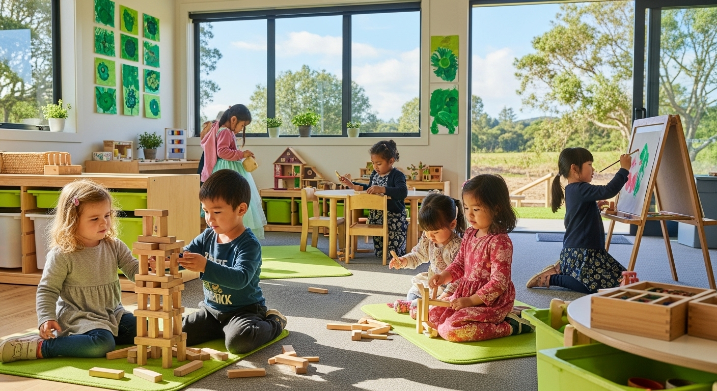 Children playing with wooden blocks in a bright classroom with large windows and a playground view
