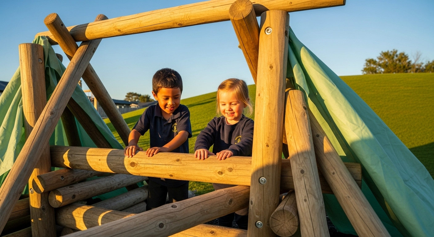 Two children leaning on wooden logs in a sunny outdoor playground structure with green slide sides.