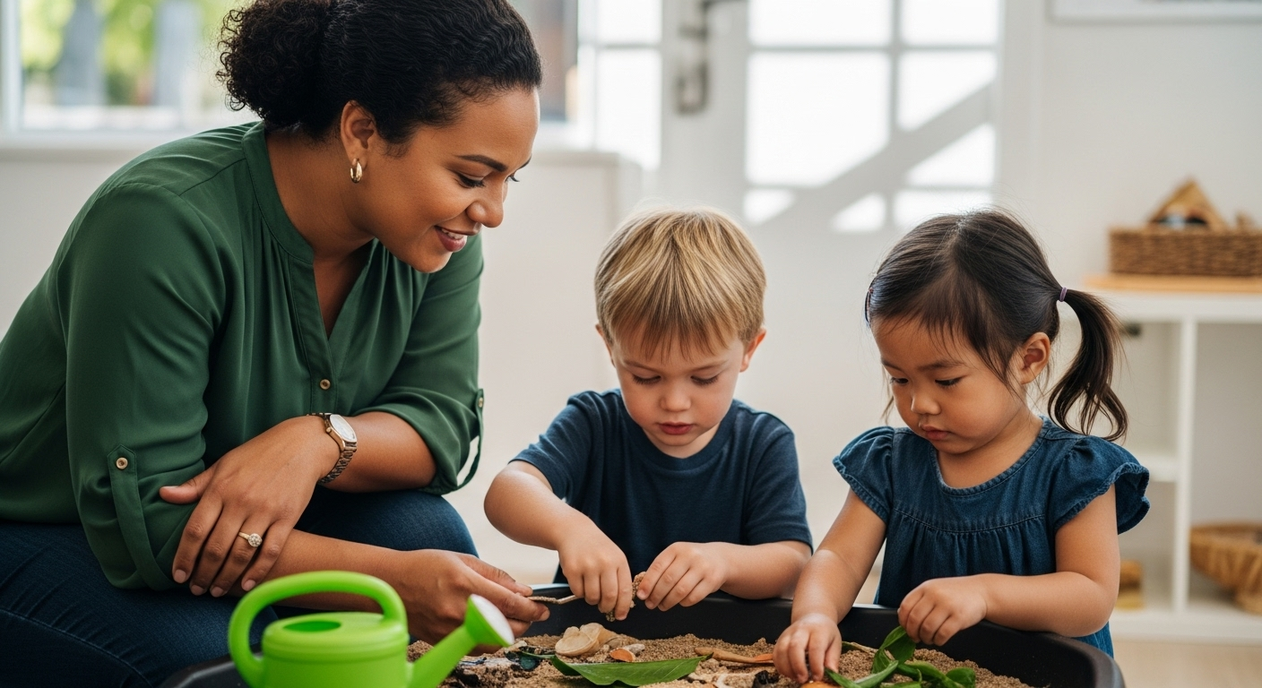 Adult and two children planting seeds together at a table in a bright room