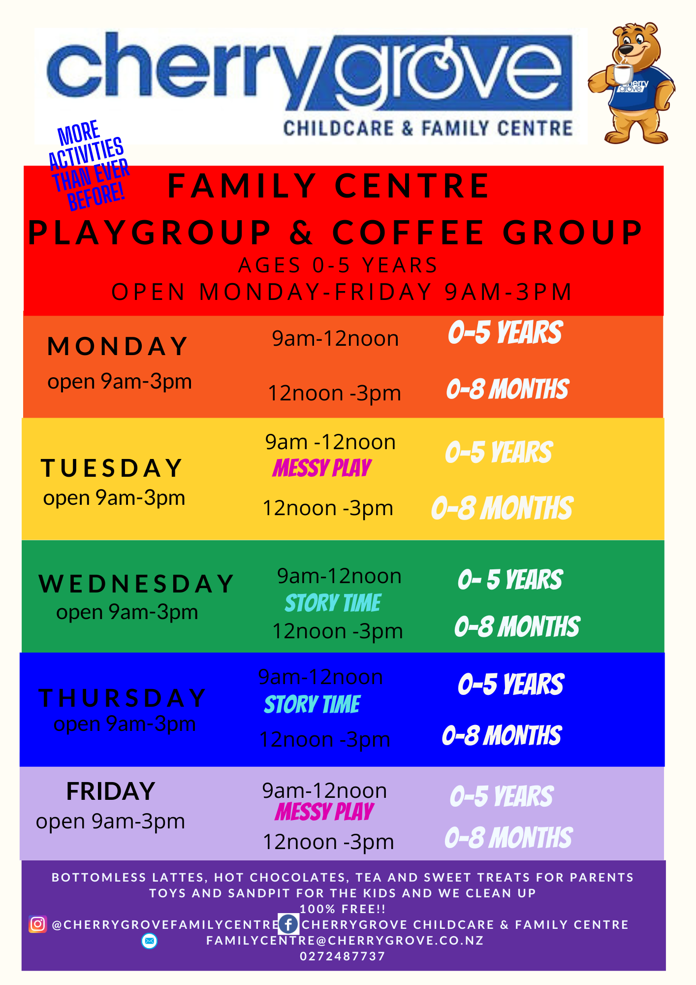 Flyer for Cherry Grove childcare center: Playgroup & coffee group schedule for ages 0-5 years, Monday-Friday, with activity details.
