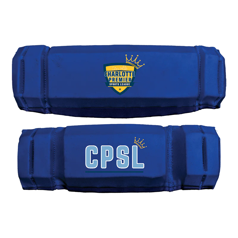 Two blue protective arm pads, one with Harlot gear logo and one labeled CPSL.