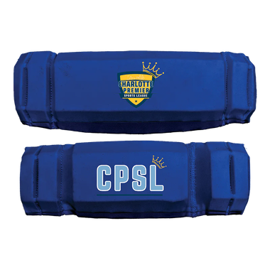 Two blue beverage can sleeves, one with Harlot Brewing logo and one labeled CPSL