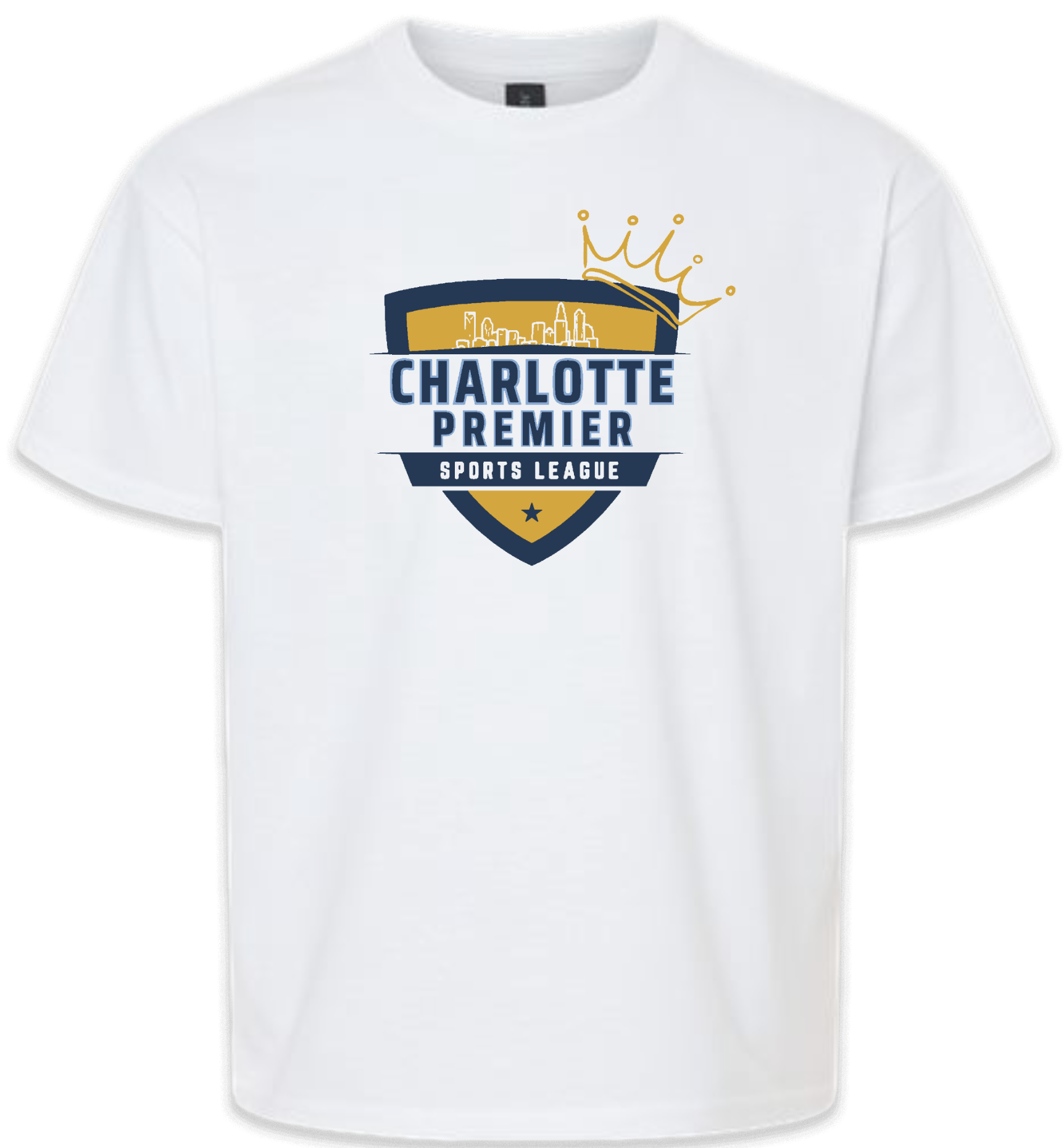 White T-shirt with Charlotte Premier Sports League logo in blue and gold, topped by a small crown