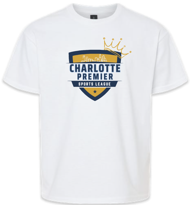 White T-shirt with Charlotte Premier Sports League logo in blue, gold, and black