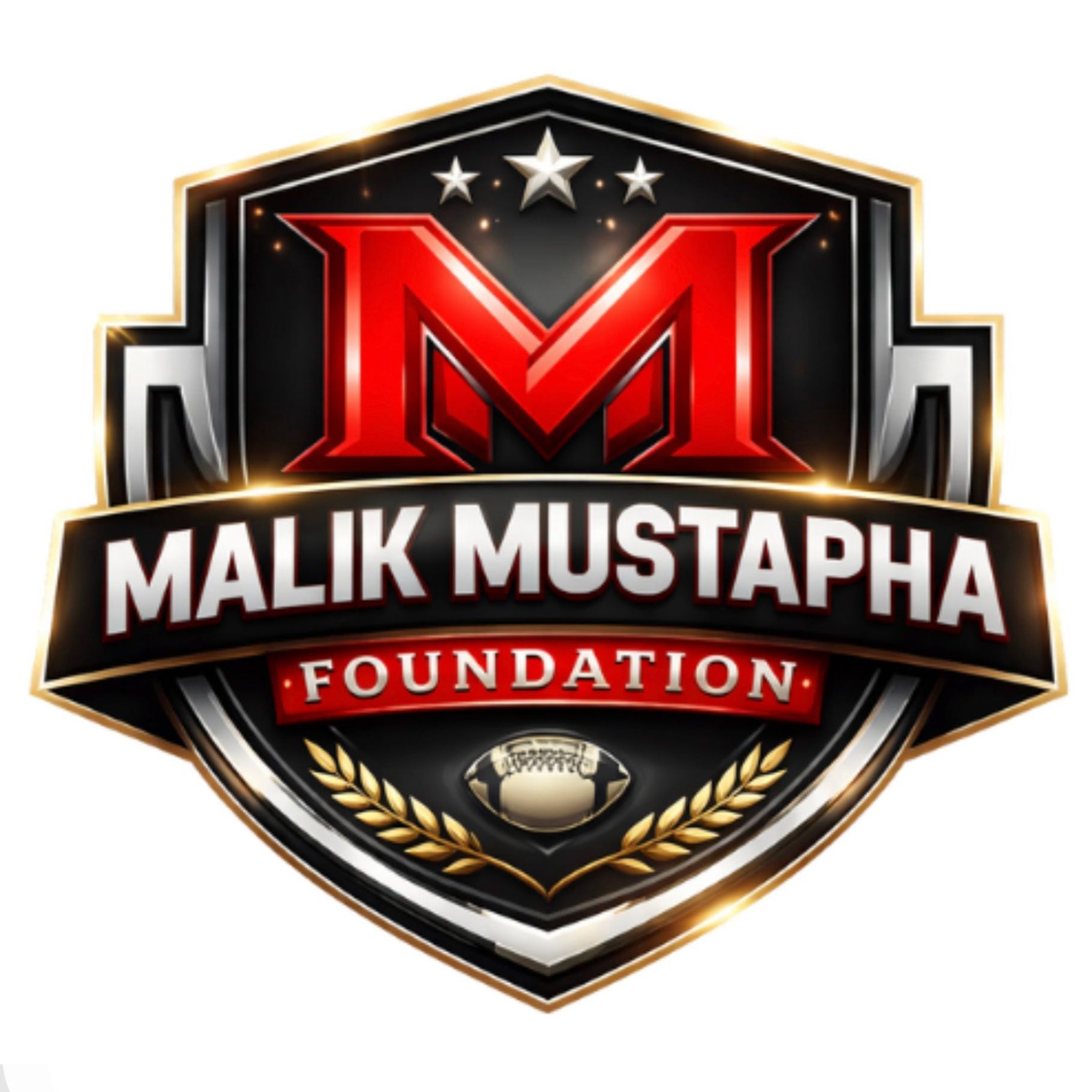 Malik Mustapha Foundation logo with red “M” shield, black and gold accents, stars, and football emblem