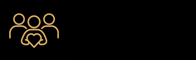 Three outlined people icons with a heart in front, in gold on a black background