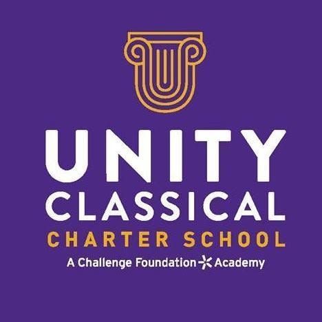 Unity Classical Charter School logo on a purple background with gold and white text