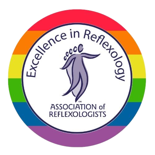 Round logo with a rainbow border,