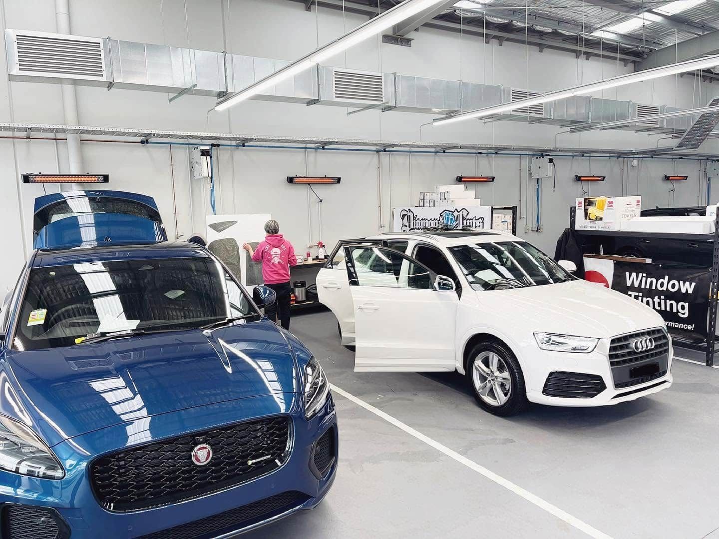 Car Showroom with Blue and White Cars, a Person in Pink — Diamond Window Tints in Phillip, ACT