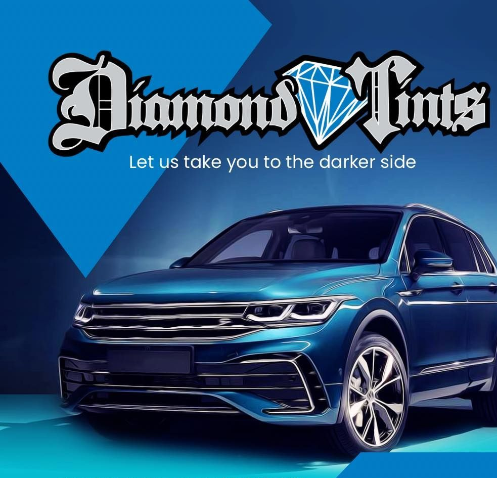 An Advertisement for Diamond Tints Shows a Blue Car — Diamond Window Tints in Phillip, ACT