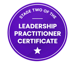 Purple circular badge reading “Stage Two of the Leadership Practitioner Certificate” with a white star.