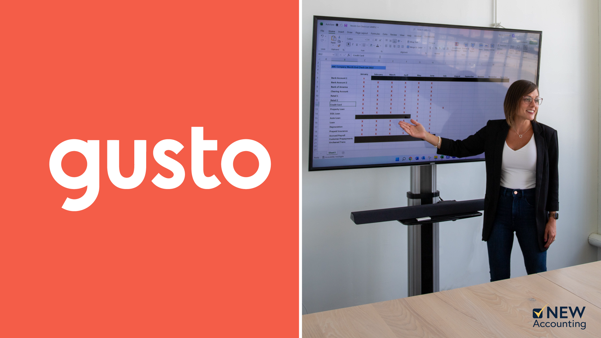 Gusto logo; with a woman pointing at a spreadsheet on a large screen in a conference room.