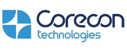 Corecon Technologies logo: blue abstract shape and text on a white background.