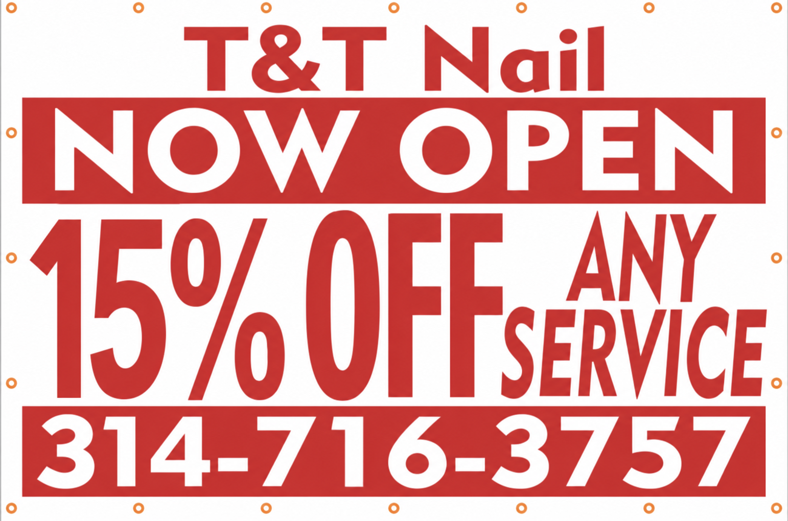 A sign that says t & t nail now open 20 % off any service