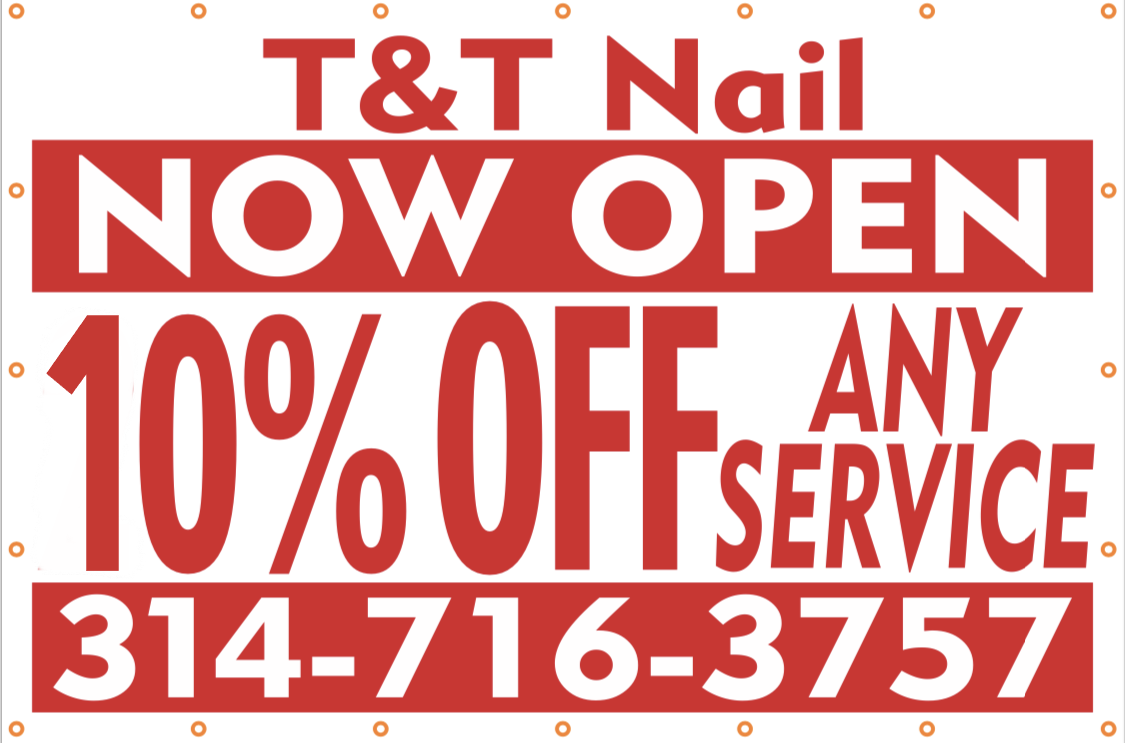 A sign that says t & t nail now open 20 % off any service