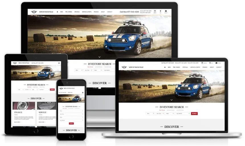 a mini cooper is driving down a dirt road on a website on a laptop , tablet , and phone .