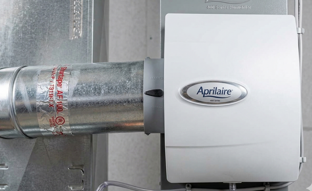 A white Aprilaire humidifier mounted on a metal duct system.