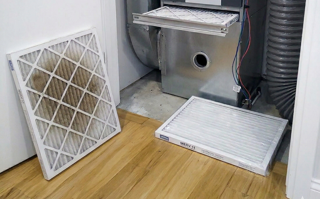 A dirty air filter stands against a wall next to a clean replacement filter on a wooden floor in front of an HVAC unit.