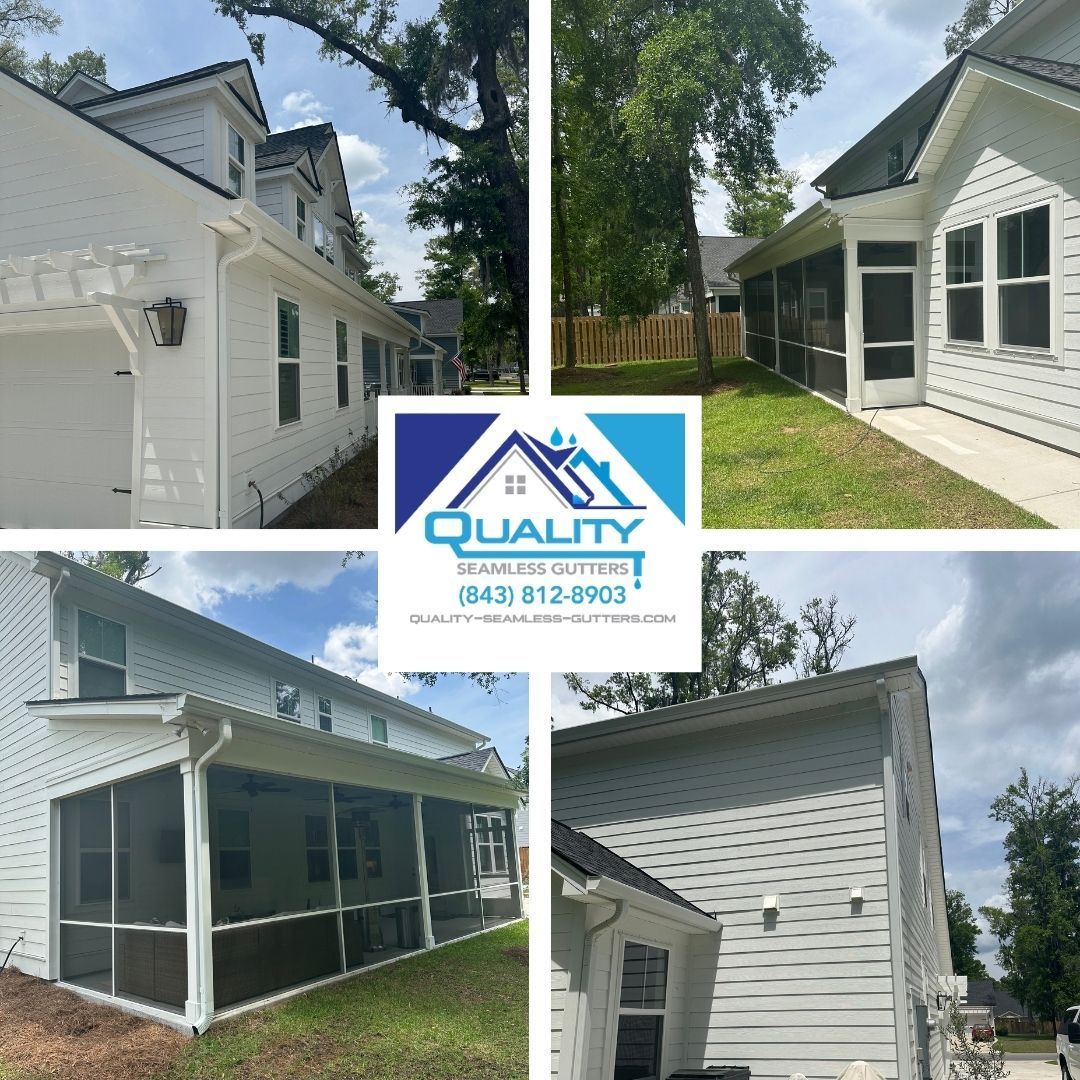 Collage of white house exterior and screened porch before-and-after photos with a Quality Roofing logo in center