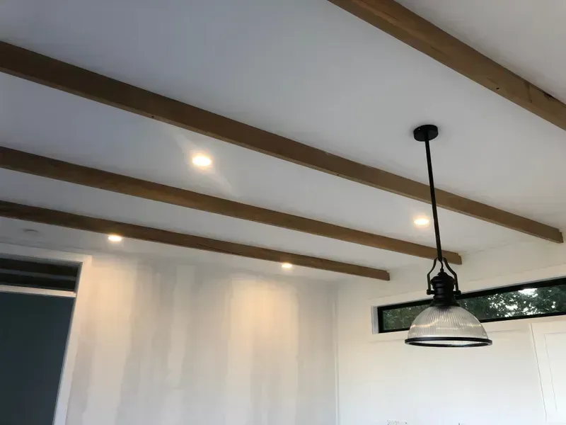 White Ceiling With Wood Beams, Recessed Light — Technik Electrical in Renwick, NSW
