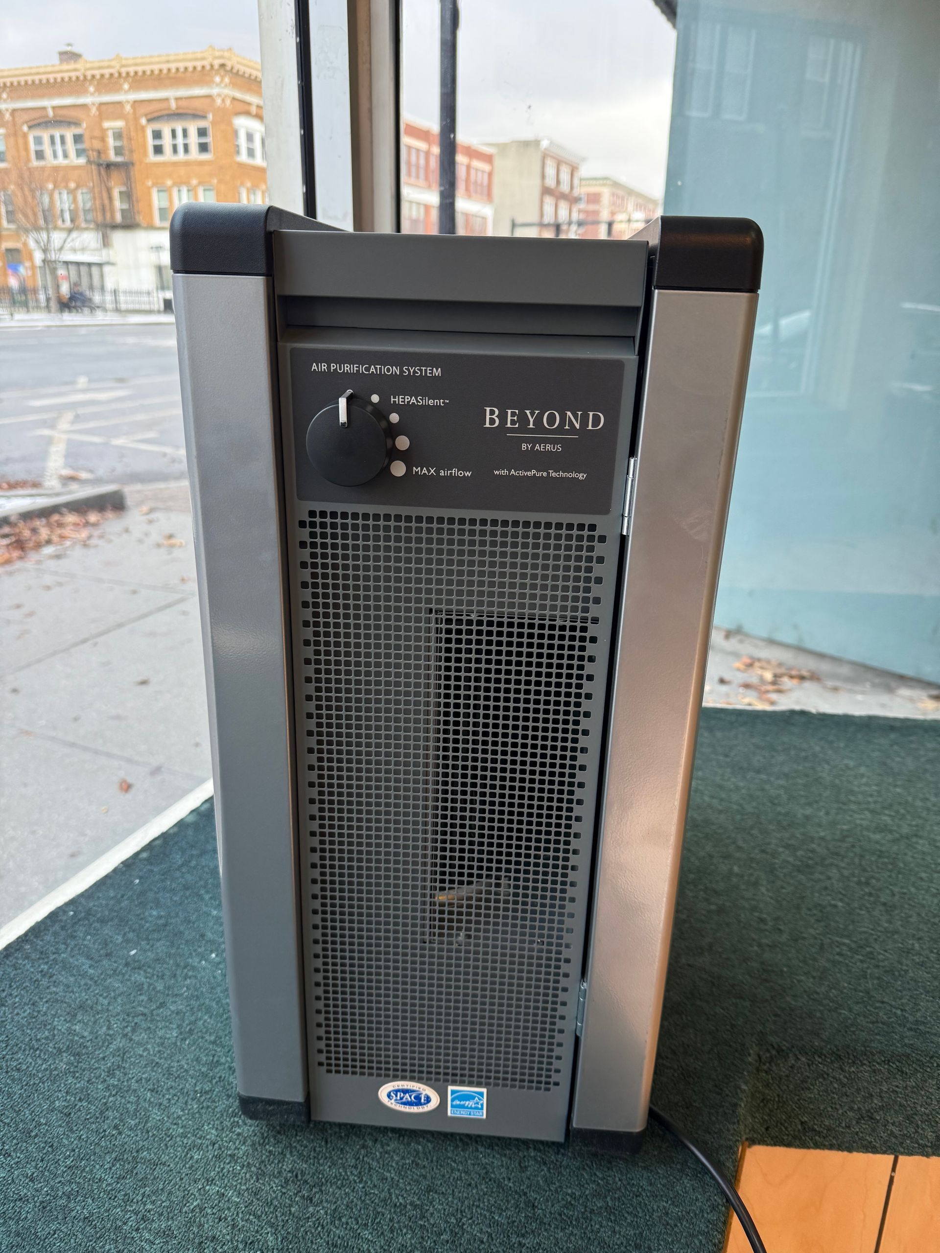 A grey and black dehumidifier stands on a green mat near a window overlooking a street.