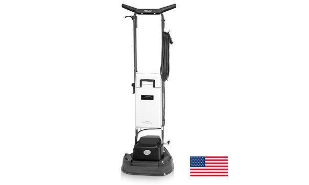 A white and grey industrial floor buffer machine stands upright next to a small American flag icon.