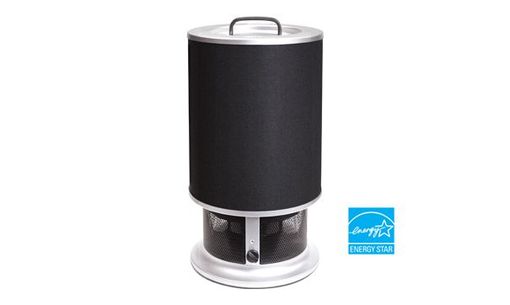 A cylindrical black and silver air purifier with a handle on top, standing next to an ENERGY STAR logo.